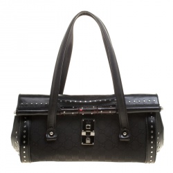 Pre Owned Gucci Black GG Canvas and Leather Bamboo Bullet Studded Satchel