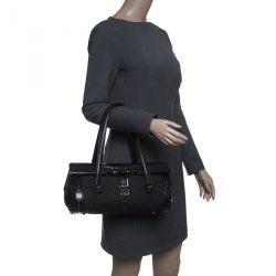 Pre Owned Gucci Black GG Canvas and Leather Bamboo Bullet Studded Satchel