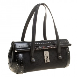Pre Owned Gucci Black GG Canvas and Leather Bamboo Bullet Studded Satchel