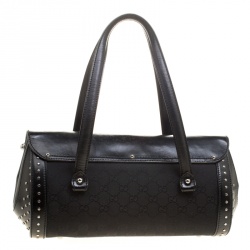 Pre Owned Gucci Black GG Canvas and Leather Bamboo Bullet Studded Satchel