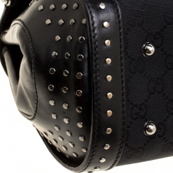 Pre Owned Gucci Black GG Canvas and Leather Bamboo Bullet Studded Satchel