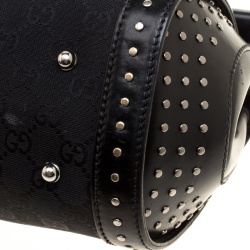 Pre Owned Gucci Black GG Canvas and Leather Bamboo Bullet Studded Satchel
