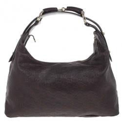 مملوكة مسبقًا Gucci Dark Brown Leather Guccissima Medium Horsebit Hobo