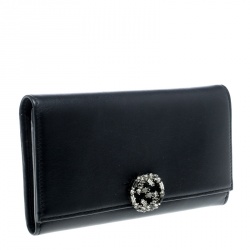  Gucci Black Leather Interlocking GG Crystal Continental Wallet