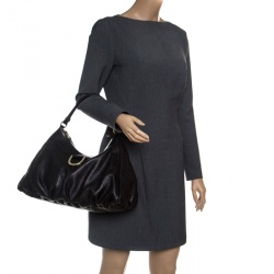 Pre Owned Gucci Metallic Black Leather Large D Ring Hobo