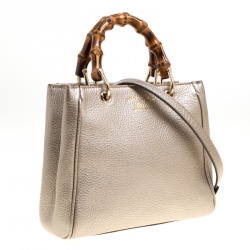 Pre Owned Gucci Metallic Beige Leather Bamboo Top Handle Shopper Tote