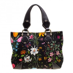 Pre Owned Gucci Black Floral Print Canvas Tote