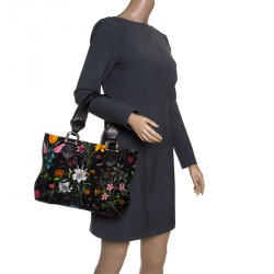 Pre Owned Gucci Black Floral Print Canvas Tote
