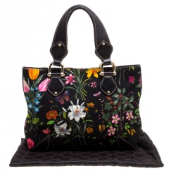 Pre Owned Gucci Black Floral Print Canvas Tote