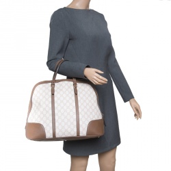 Pre Owned Gucci Off White/Brown GG Supreme Canvas and Leather Large Nice Top Handle Bag