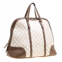 Pre Owned Gucci Off White/Brown GG Supreme Canvas and Leather Large Nice Top Handle Bag