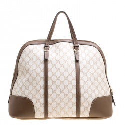 Pre Owned Gucci Off White/Brown GG Supreme Canvas and Leather Large Nice Top Handle Bag