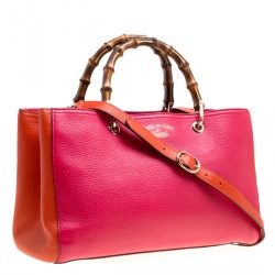 Pre Owned Gucci Fuchsia/Orange Leather Medium Exclusive Bamboo Shopper Top Handle Bag