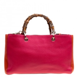 Pre Owned Gucci Fuchsia/Orange Leather Medium Exclusive Bamboo Shopper Top Handle Bag