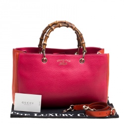 Pre Owned Gucci Fuchsia/Orange Leather Medium Exclusive Bamboo Shopper Top Handle Bag