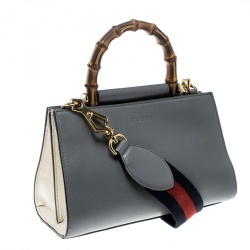 مملوكة مسبقًا Gucci Grey/Off White Leather Small Nymphaea Bamboo Top Handle Shoulder Bag