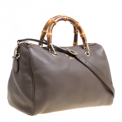 مملوكة مسبقًا حقيبة غوتشي شوبر بوسطن بامبو متوسطة جلد بيج داكنة