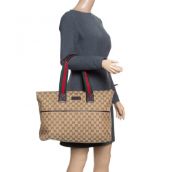 Pre Owned حقيبة يد غوتشي ديابر جلد وكانفاس GG بنية/ بيج