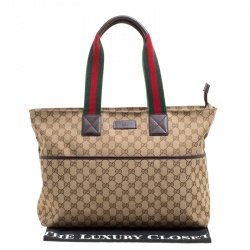 Pre Owned حقيبة يد غوتشي ديابر جلد وكانفاس GG بنية/ بيج