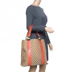 Pre Owned Gucci Beige/Brown GG Canvas Large Bamboo Bar Tote