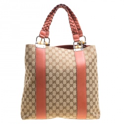 Pre Owned Gucci Beige/Brown GG Canvas Large Bamboo Bar Tote