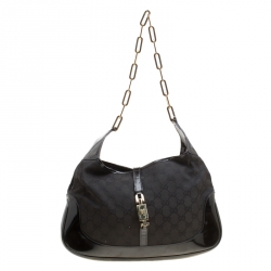 Pre Owned Gucci Black GG Canvas and Patent Leather Jackie Chain Hobo