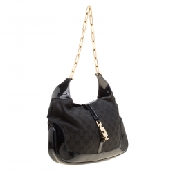 Pre Owned Gucci Black GG Canvas and Patent Leather Jackie Chain Hobo