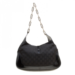 Pre Owned Gucci Black GG Canvas and Patent Leather Jackie Chain Hobo