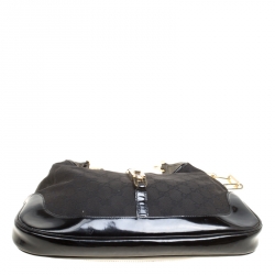 Pre Owned Gucci Black GG Canvas and Patent Leather Jackie Chain Hobo