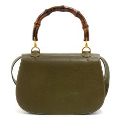 Pre Owned Gucci Olive Green Leather Bamboo Top Handle Bag