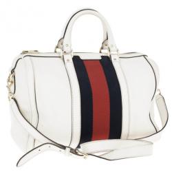 مملوكة مسبقًا Gucci White Pebbled Leather Vintage Web Boston Bag