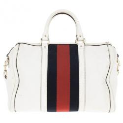 مملوكة مسبقًا Gucci White Pebbled Leather Vintage Web Boston Bag