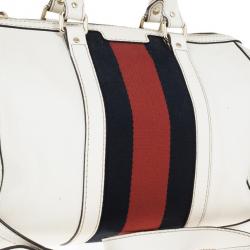 مملوكة مسبقًا Gucci White Pebbled Leather Vintage Web Boston Bag