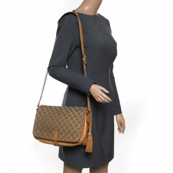 Pre Owned Gucci Beige/Brown GG Canvas Medium Marrakech Tassel Messenger Bag
