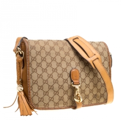Pre Owned Gucci Beige/Brown GG Canvas Medium Marrakech Tassel Messenger Bag