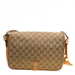 Pre Owned Gucci Beige/Brown GG Canvas Medium Marrakech Tassel Messenger Bag