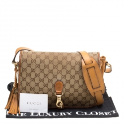 Pre Owned Gucci Beige/Brown GG Canvas Medium Marrakech Tassel Messenger Bag