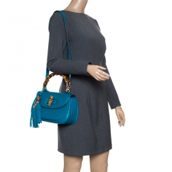 Pre Owned Gucci Teal Blue Leather Tassel New Bamboo Top Handle Bag