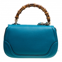 Pre Owned Gucci Teal Blue Leather Tassel New Bamboo Top Handle Bag