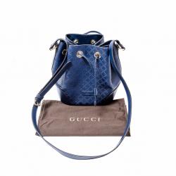 Pre Owned Gucci Blue Diamante Textured Leather Medium Hilary Bucket Bag