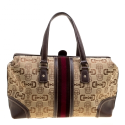 Pre Owned حقيبة غوتشي بوسطن تريشير كبيرة جلد وكانفاس هورسبيت بنية/ بيج