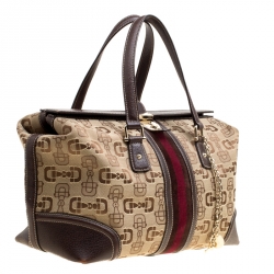 Pre Owned حقيبة  غوتشي بوسطن تريشير كبيرة جلد وكانفاس هورسبيت بنية/ بيج