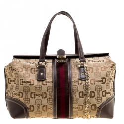 Pre Owned حقيبة غوتشي بوسطن تريشير كبيرة جلد وكانفاس هورسبيت بنية/ بيج