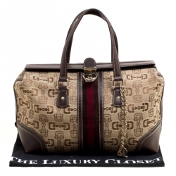 Pre Owned حقيبة غوتشي بوسطن تريشير كبيرة جلد وكانفاس هورسبيت بنية/ بيج