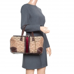 Pre Owned حقيبة غوتشي بوسطن تريشير كبيرة جلد وكانفاس هورسبيت بنية/ بيج