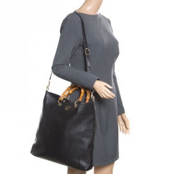 Pre Owned Gucci Black Leather Bamboo Top Handle Bag