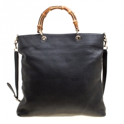 Pre Owned Gucci Black Leather Bamboo Top Handle Bag