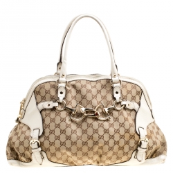 Gucci Beige/White GG Canvas and Leather Medium Horsebit Nail Dome Satchel