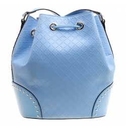 Pre Owned Gucci Sky Blue Diamante Textured Leather Bucket Bag