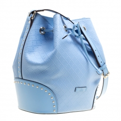 Pre Owned Gucci Sky Blue Diamante Textured Leather Bucket Bag